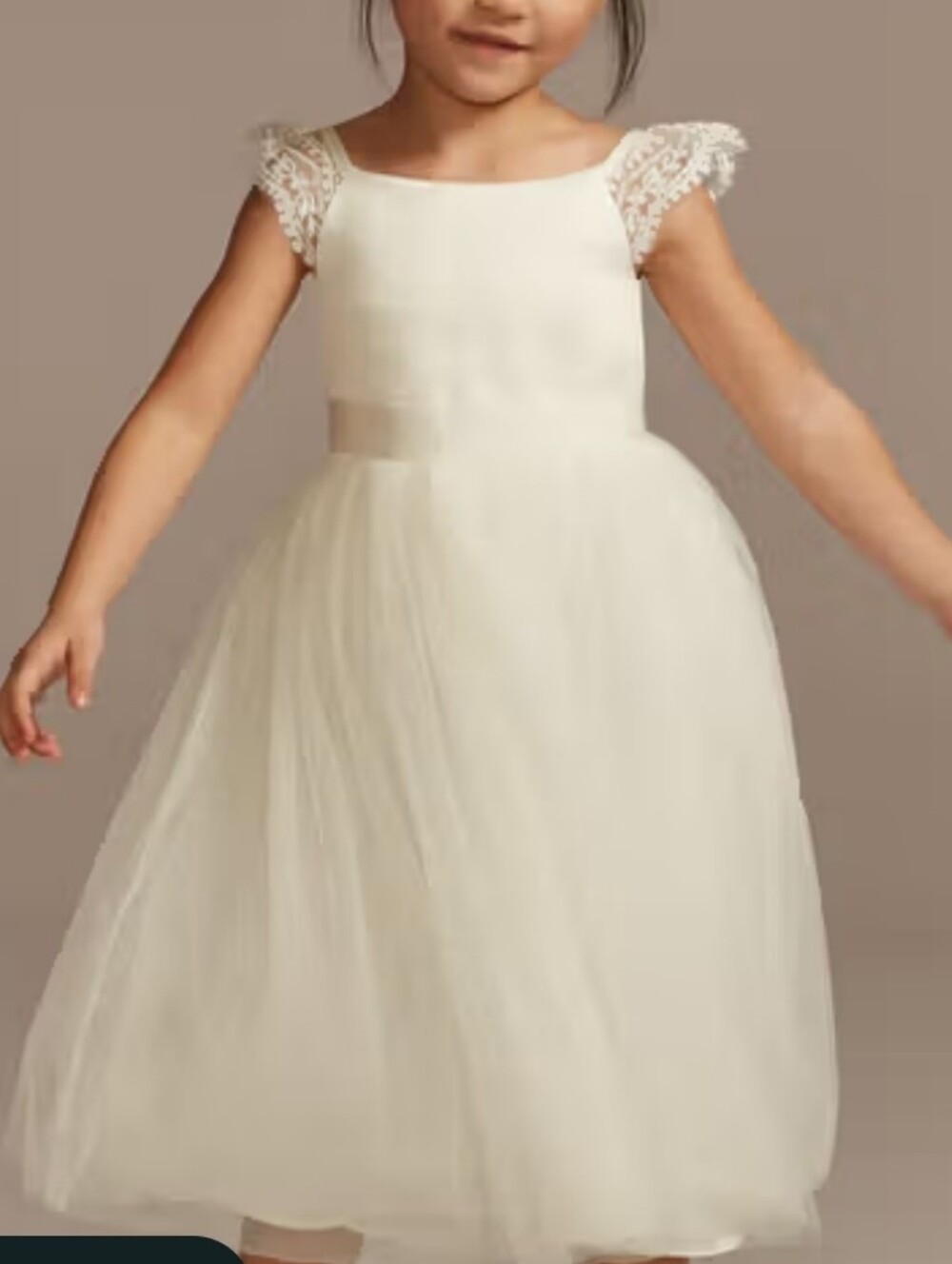 David Bridal Tulle Flower Girl Dress with Lace Cap Sleeves White Sz 2T